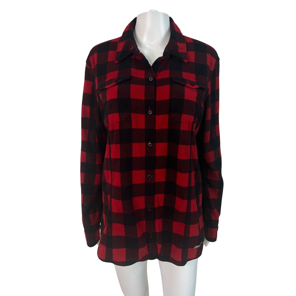 Eddie Bauer Womens Large Short Top Red Black Buffalo Plaid Fleece PNW Cabincore